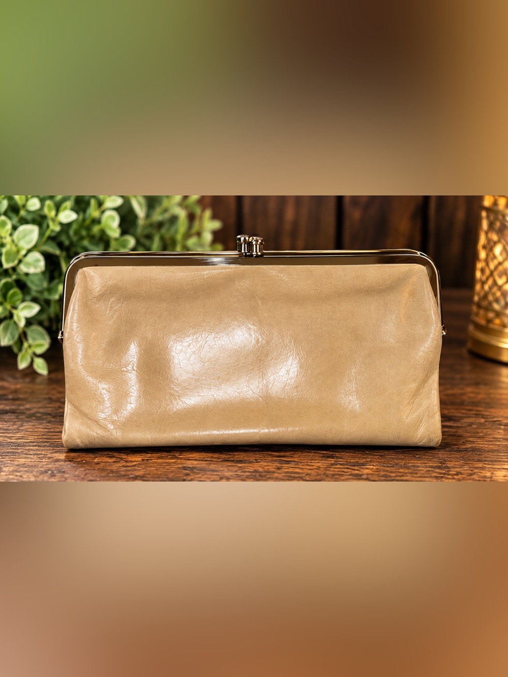 HOBO Lauren Double Frame Leather Clutch Wallet Taupe #49